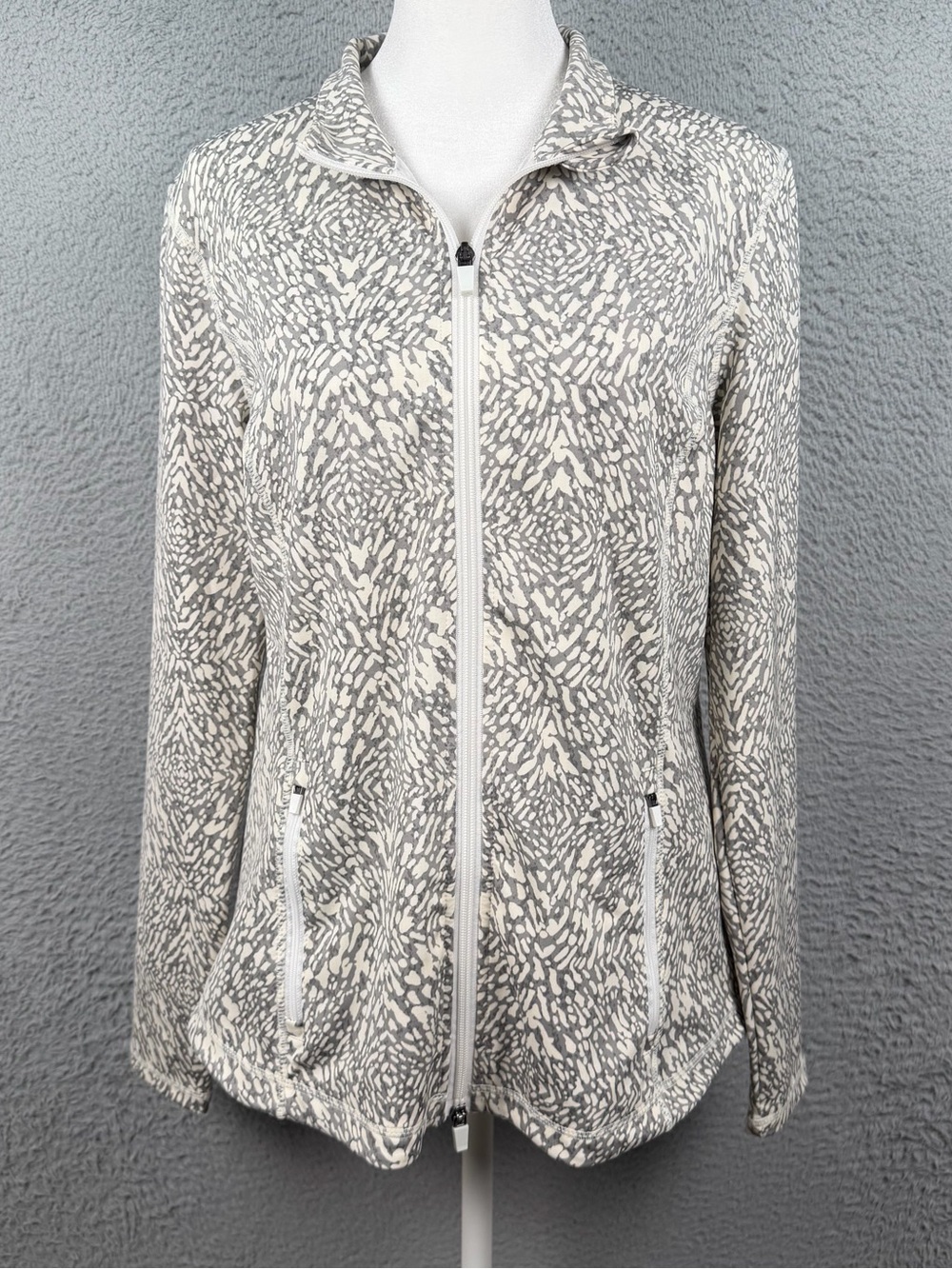 J Mclaughlin Jacket Womens Large Beige Gray Printed Lightweight Catalina Cloth